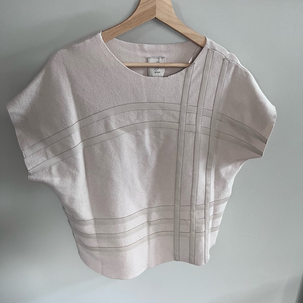 Sioni Womens Beige Knit Top Faux Leather Grid Trim Short Sleeve Size M